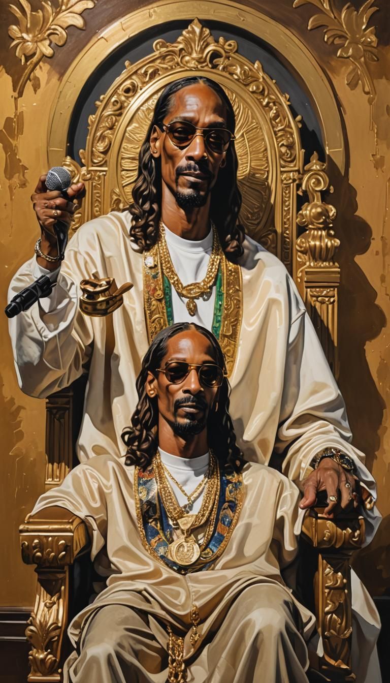Snoop Dog on Throne in Detailed Gouache Painting