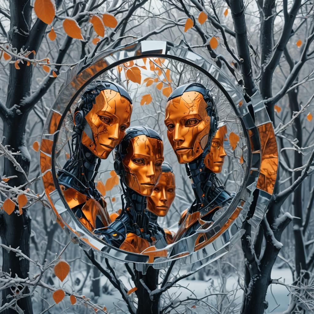 Robotic Faces Reflected in Frozen Mirror: Digital Art