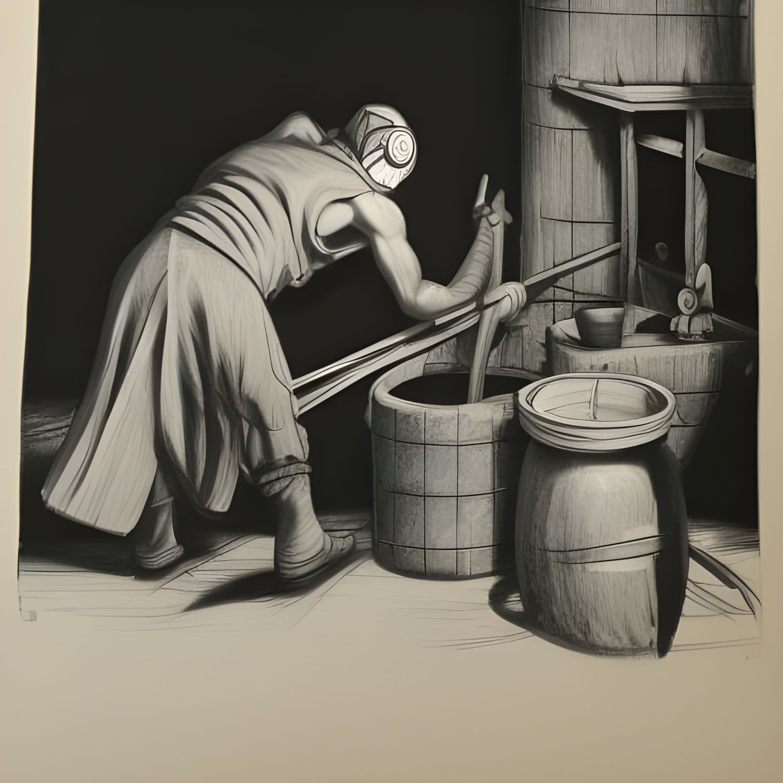 Checkered Workers Forging Wheel as Linocut Charcoal Drawing