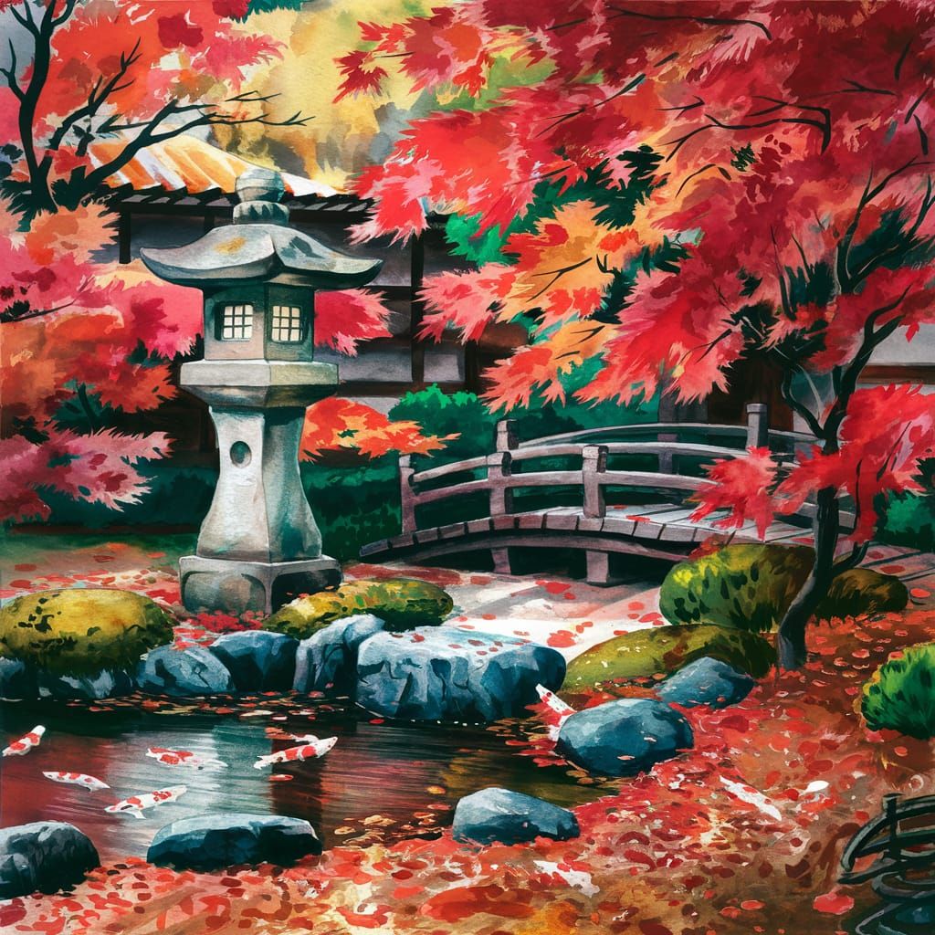 Tranquil Autumn Japanese Garden Watercolor Painting