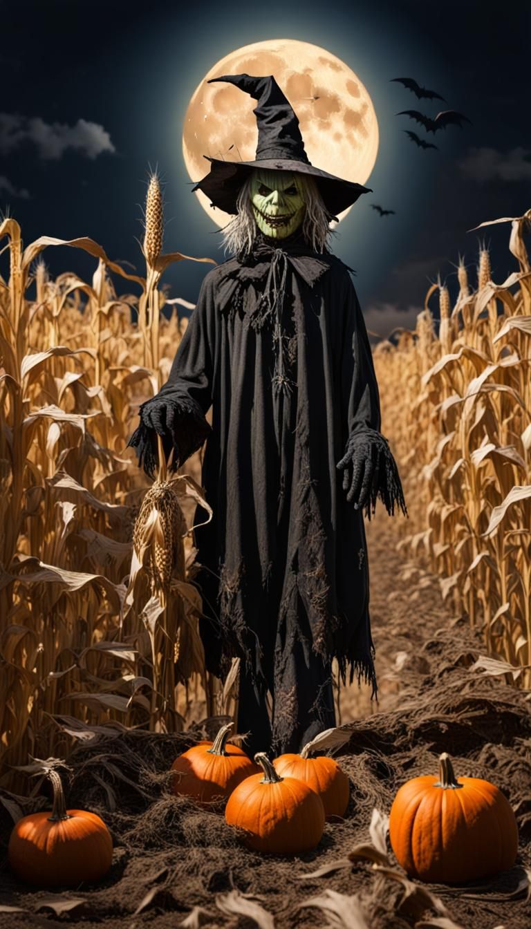 Witch Scarecrow in Decaying Corn Field at Night