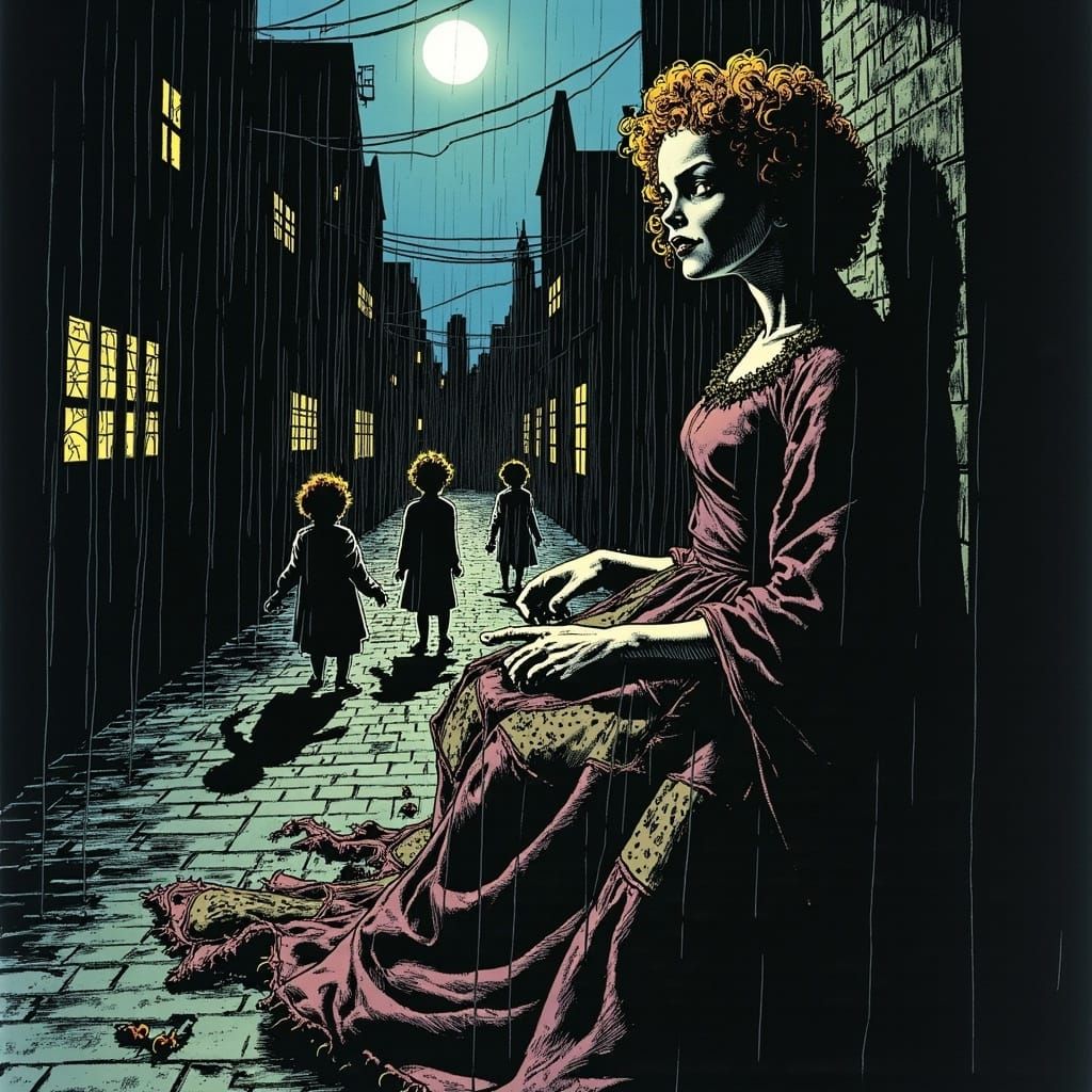 Patchwork Doll Sewing Itself Under Moonlight