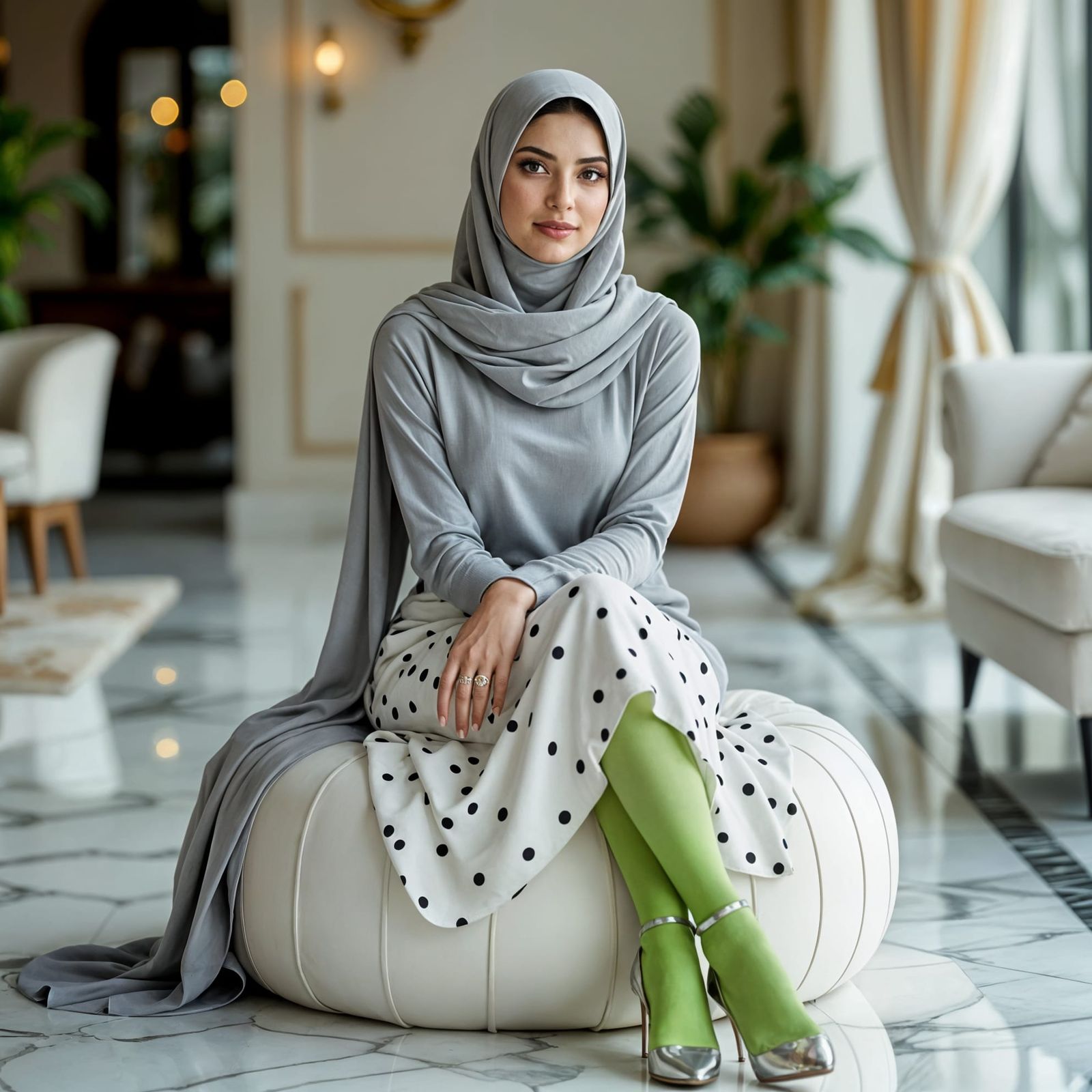 Hijabi Woman Poses in Polka Dot Skirt and Lime Green Tights