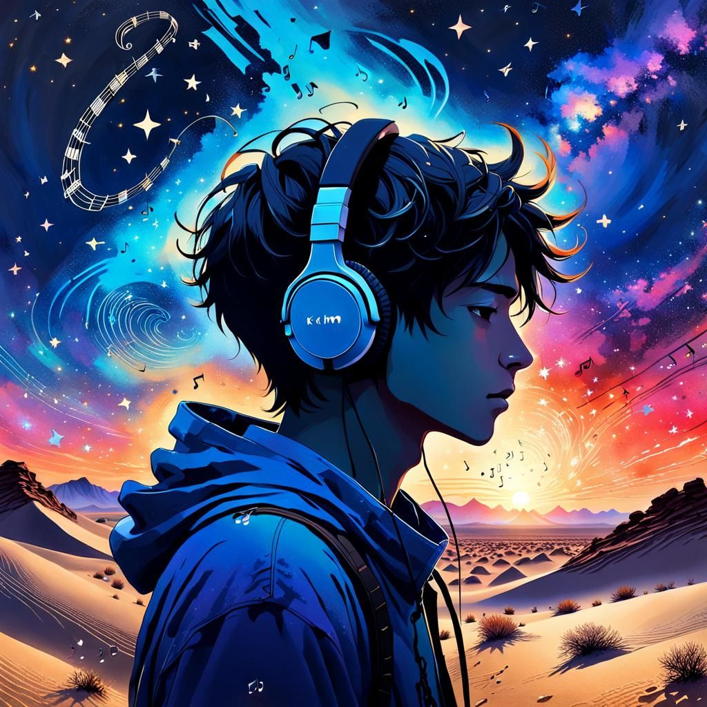 Vibrant Watercolor Boy Listening to Music in Starry Desert