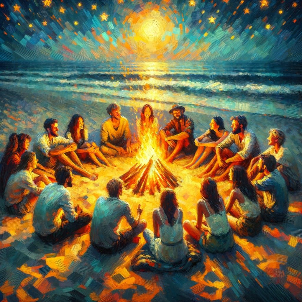 Friends Gathered Around Bonfire, Impressionist Style