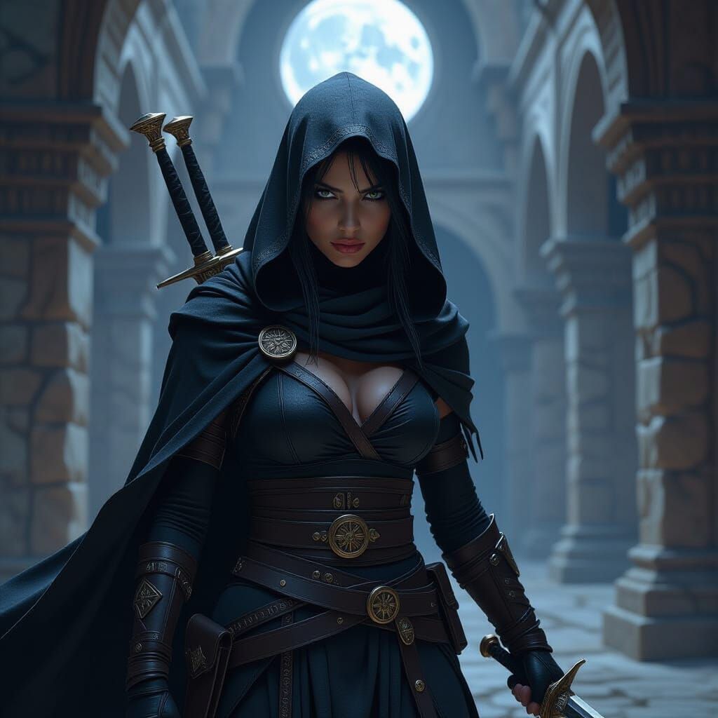 Assassin with Twin Daggers in Moonlit Courtyard