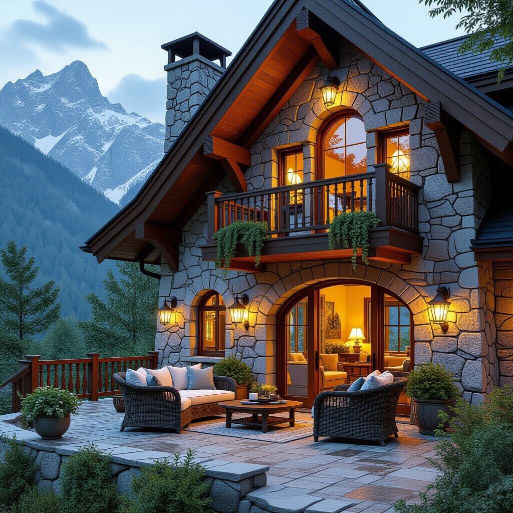 Mountain Home Carved with Intricate Stonework in 3D