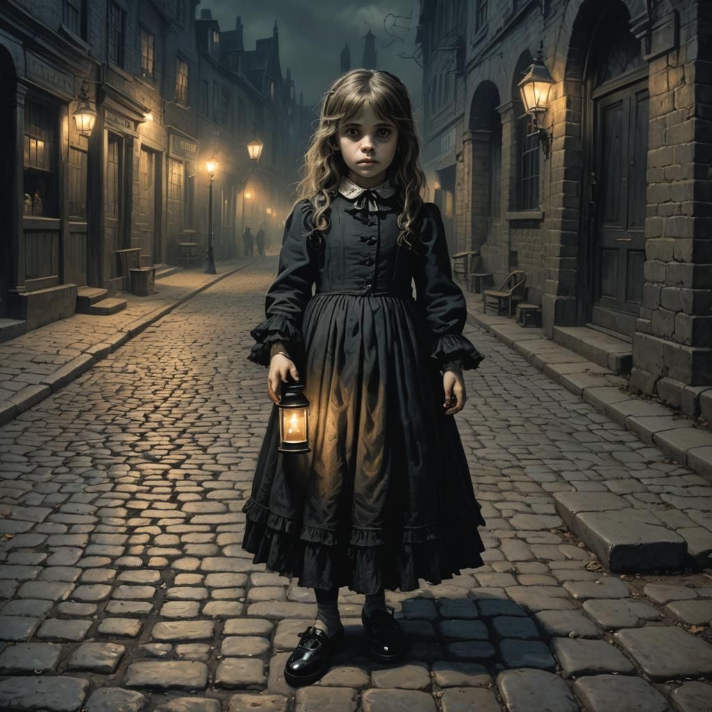 Ghostly Girl in Victorian Dress on Cobblestone Street