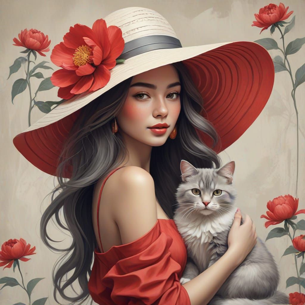 Romantic Whimsy: Woman in Floral Hat with Curious Cat