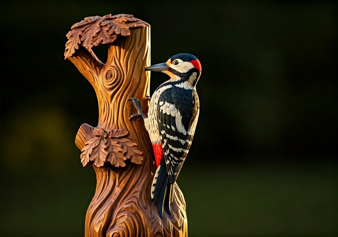 Detailed Wood Carving of Woodpecker on Oak Tree