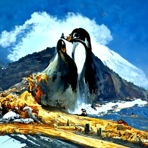 Penguin Mating Erupts Volcanoes: Surreal Oil Painting