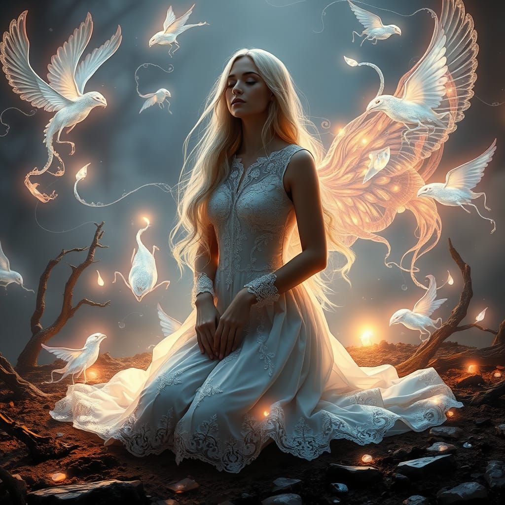 Ethereal Woman Embodies Fortitude Amidst Celestial Landscape