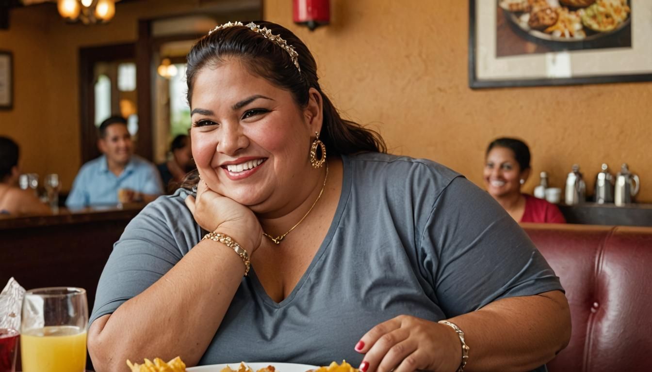 Happy Latina Woman Enjoying Restaurant Meal