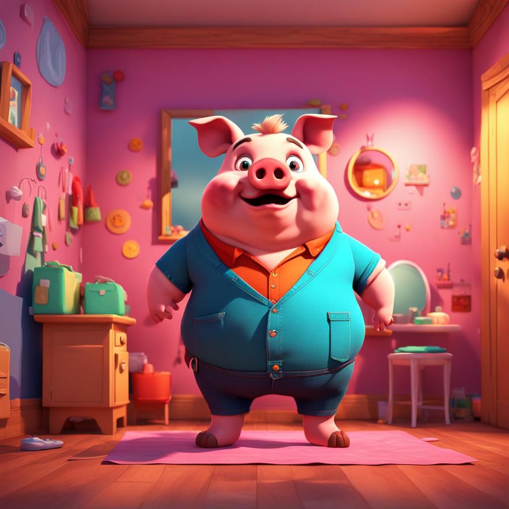 Chubby Piglet in Fitting Room: Pixar-Style 3D Render