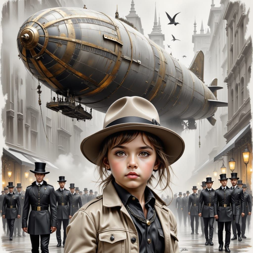 Steampunk Airship Over Foggy City Street