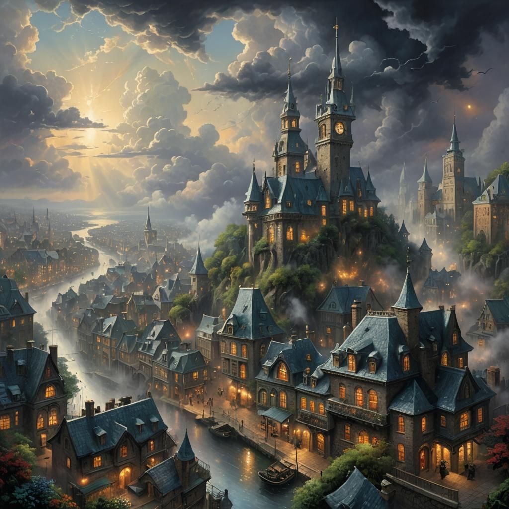 Ethereal Cityscape Under Dark Clouds, Luminism Style