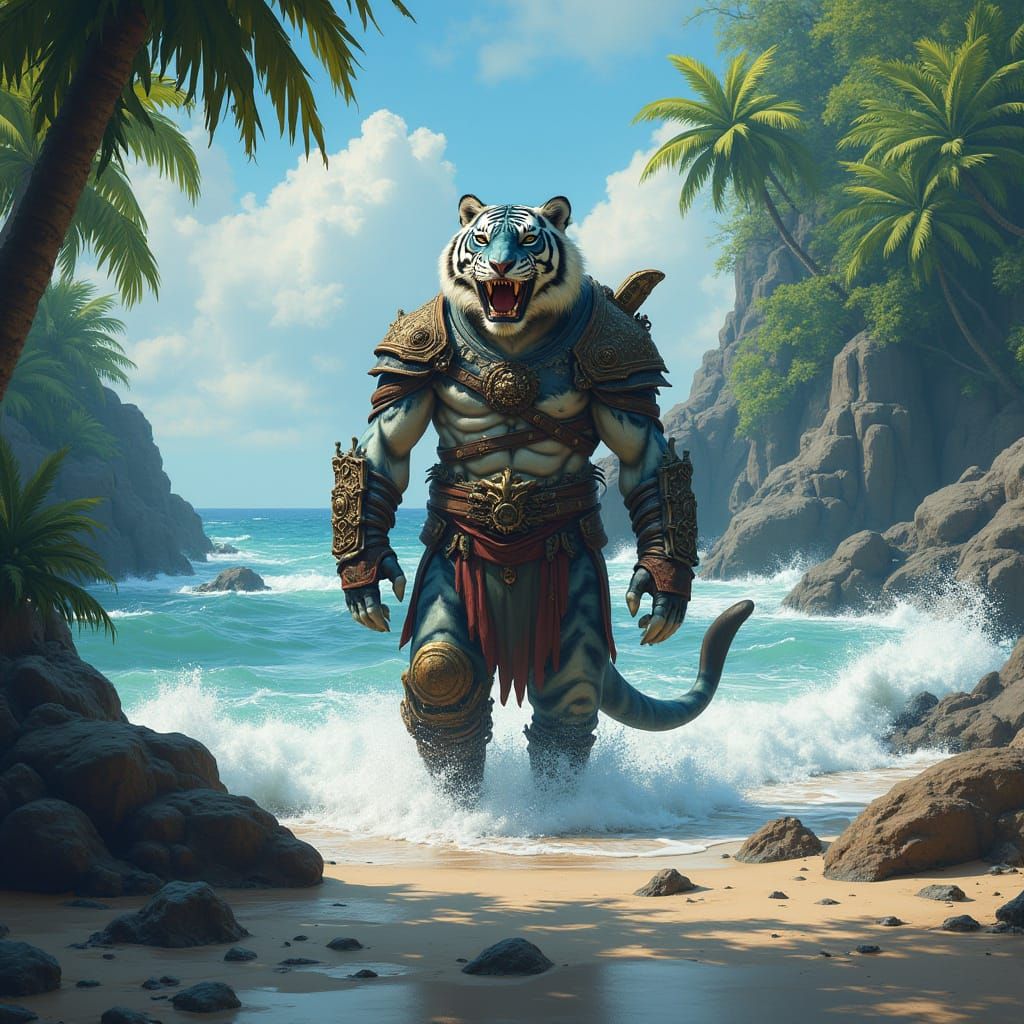 Shark-Tiger Warrior on Tropical Shore in Fantasy Art