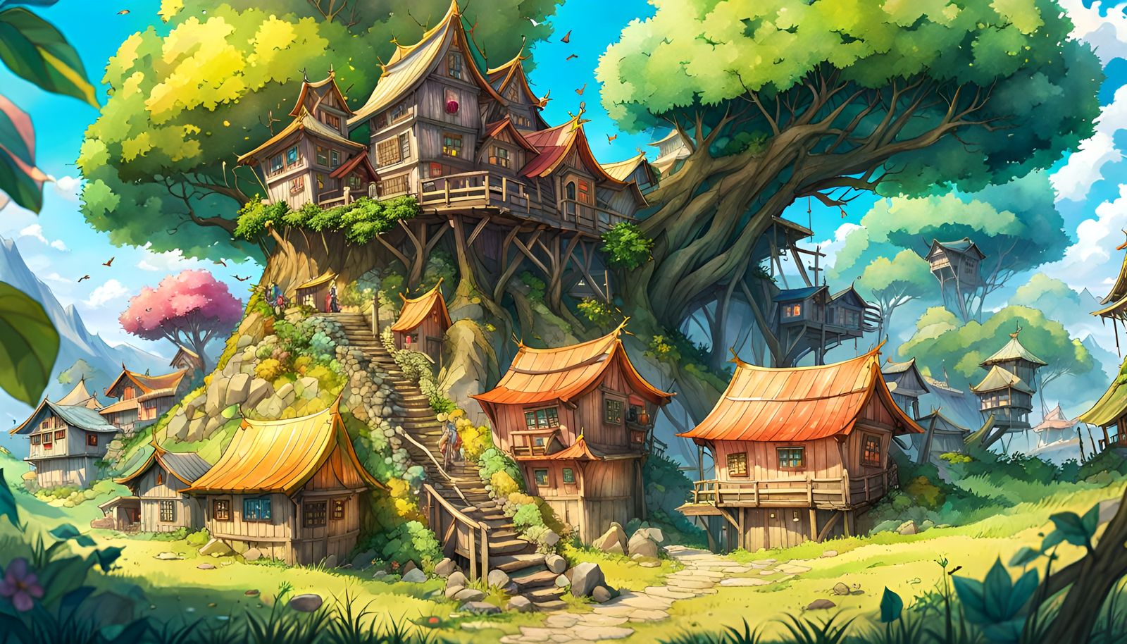 Fairy Village: A Watercolor Anime Landscape