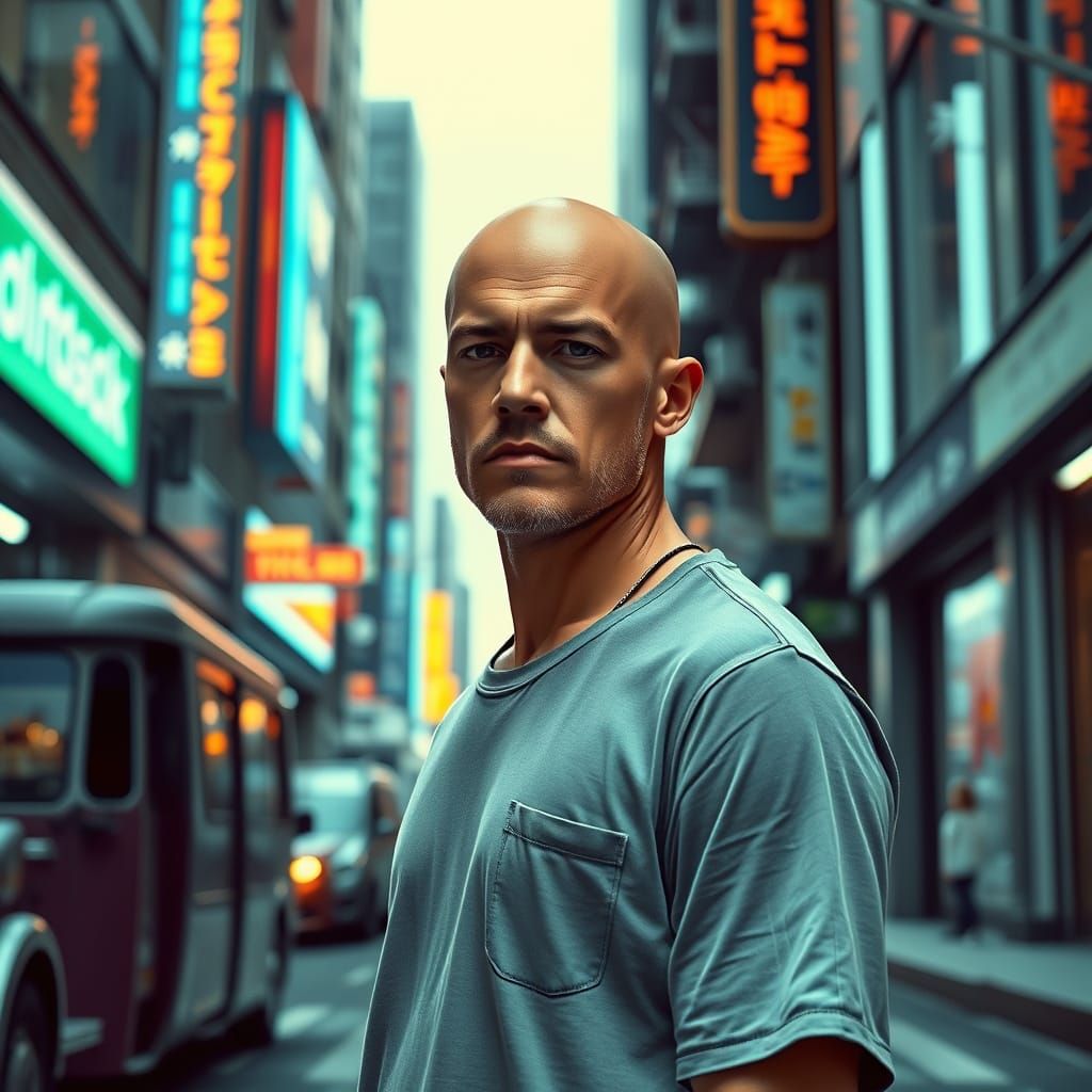 Stylized Bald Man in Futuristic Cityscape