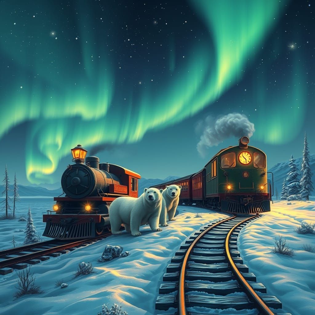Arctic Train Under Aurora Borealis With Polar Bears