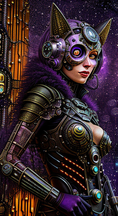 Lavender Huntress in Futuristic Rusted Metal Surrounds