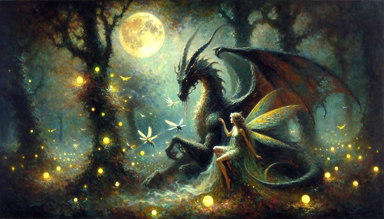 Enchanted Fairy and Dragon in Moonlit Glade