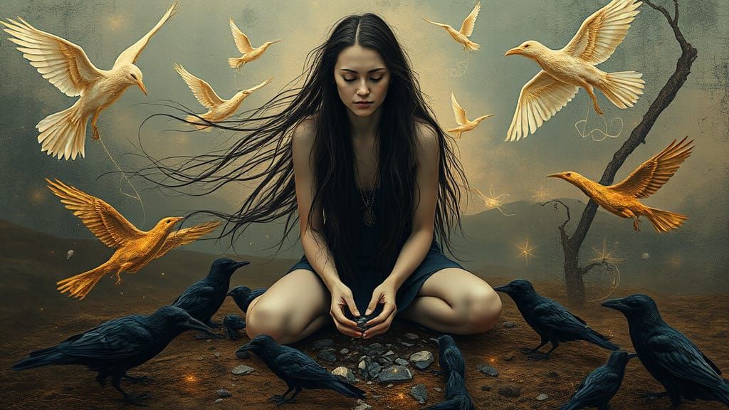 Woman Gathering Crow Shards in a Dreamlike Landscape
