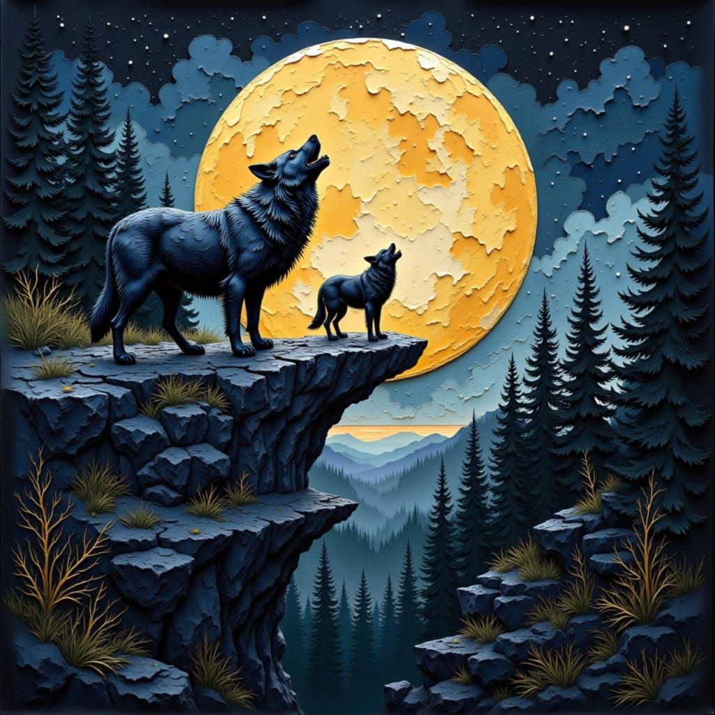 Wolves Howling at Moon in Papercut Style