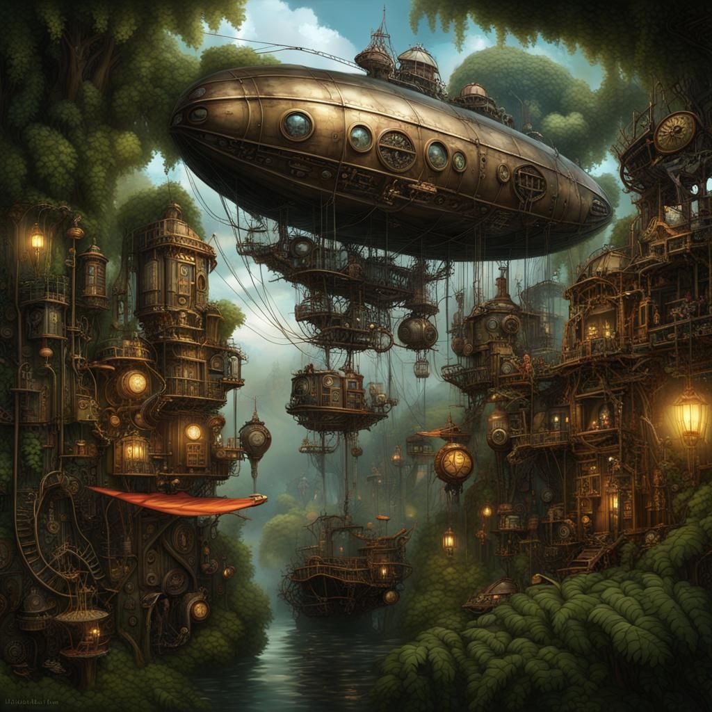 Steampunk Rainforest with Bionic People and Dirigible