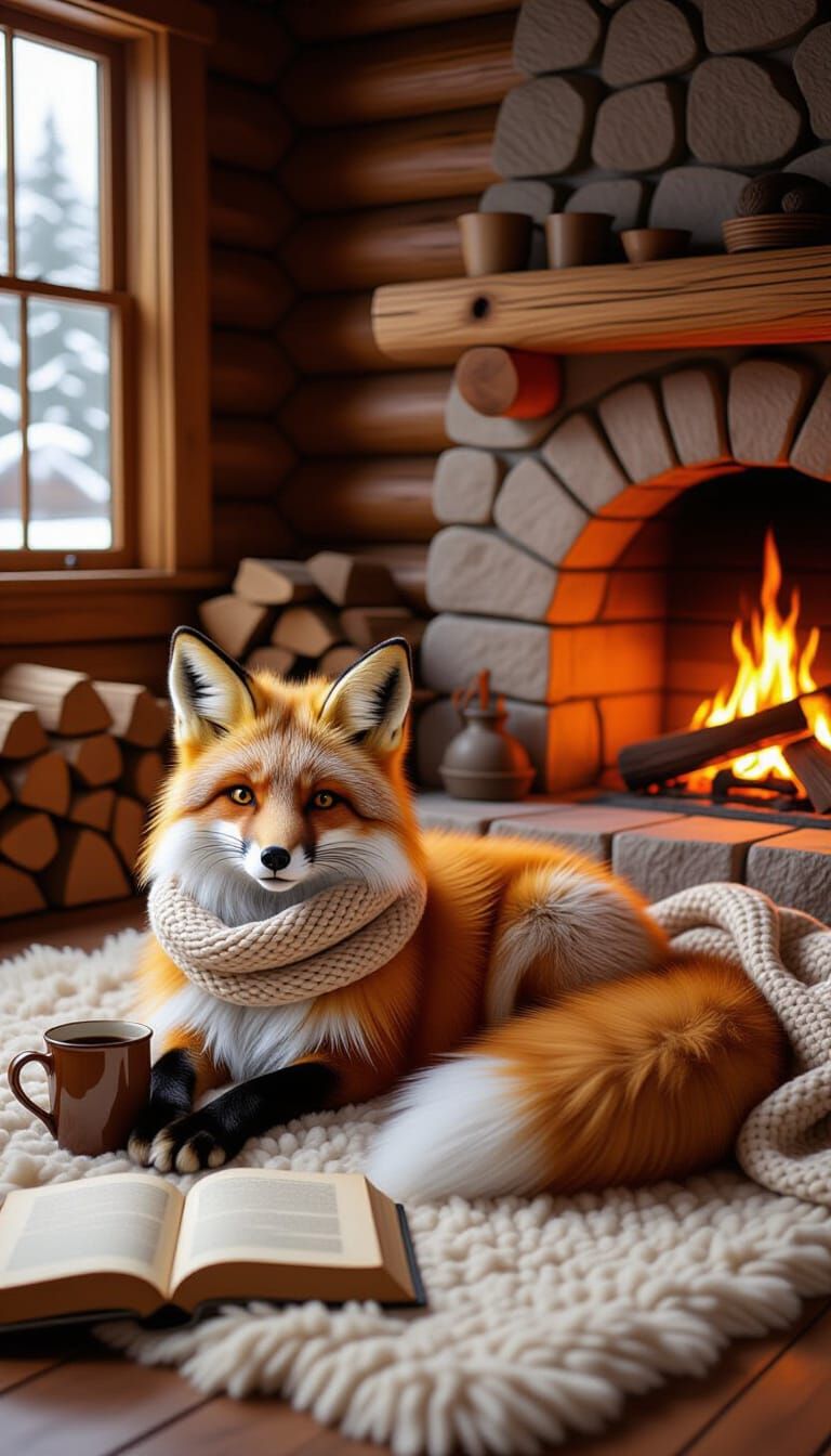 Fox in Cabin with Fireplace: Photorealistic Image