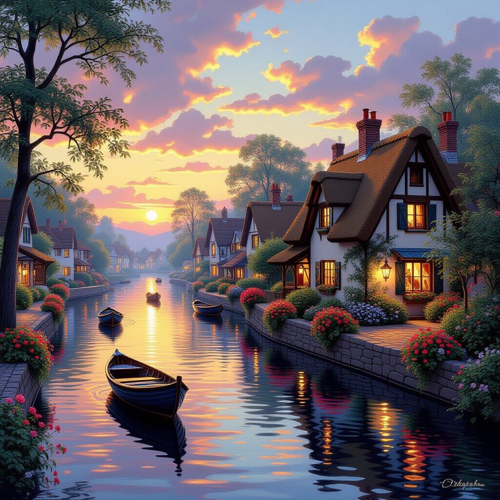 Charming Riverside Village at Sunset in Fantasy Art Style