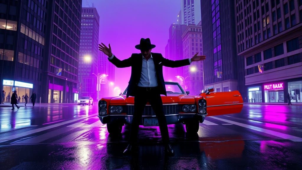 Ethereal Nighttime Dance in a Flashy Cadillac Scene