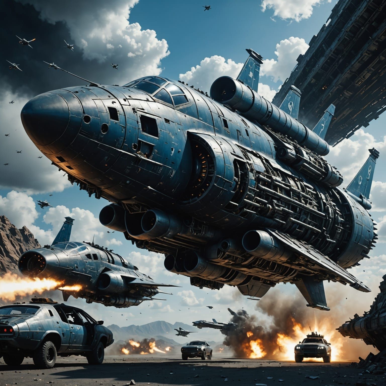 Futuristic Spaceship with Blue Engines in Matrix Field