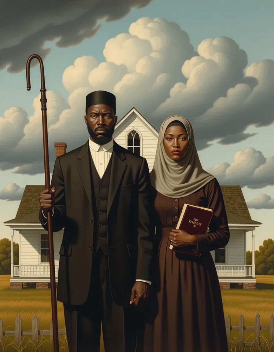 American Gothic Reimagined with Fruit of Islam Figures
