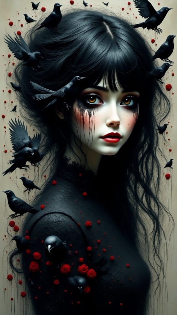 Gothic Lady with Ravens, Detailed Matte Painting