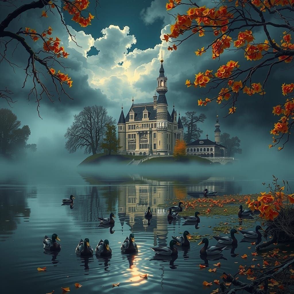 Elegant Swiss Castle Reflects in Serene Lake at Night