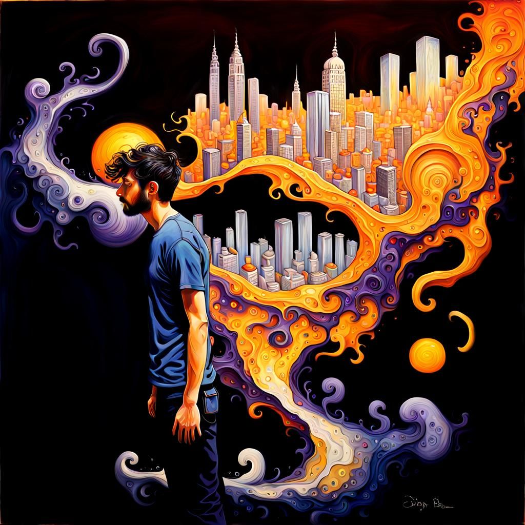 Eldritch Metropolis: Encaustic Painting of Urban Dreamscape