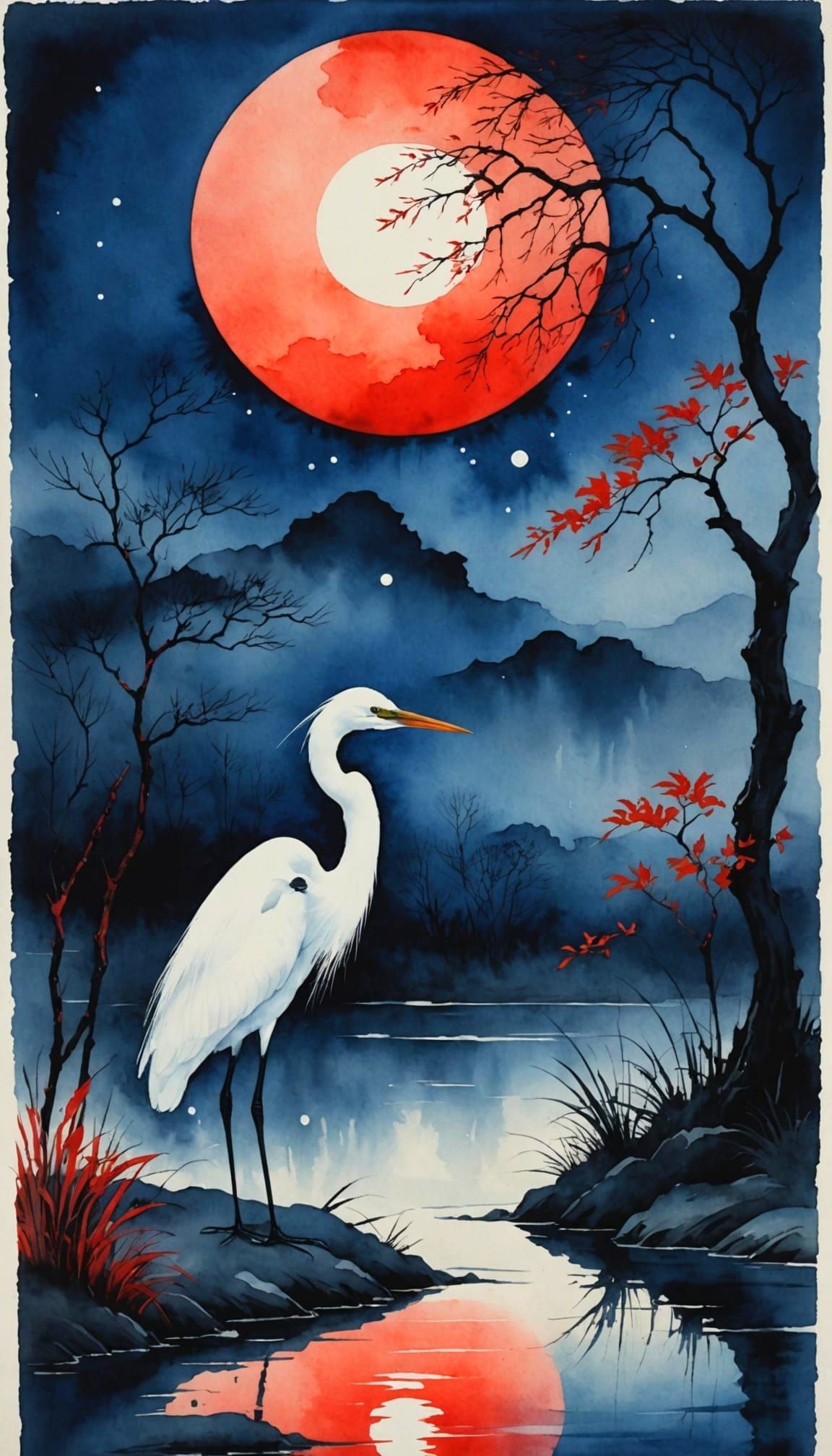 Egret Silhouette Under Blood Moon in Japanese Watercolor Sty...