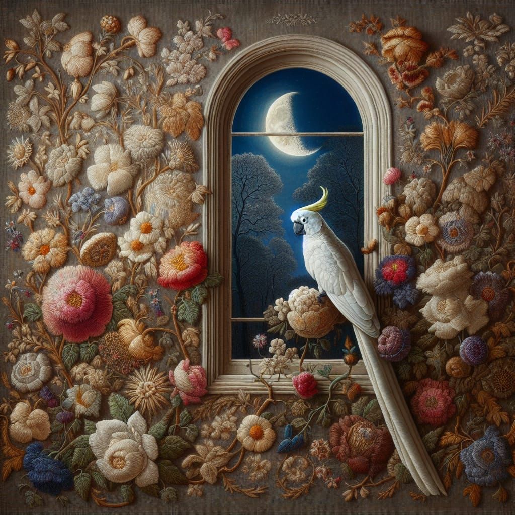Embroidered Tapestry: Cockatoo on Moon with Flowers