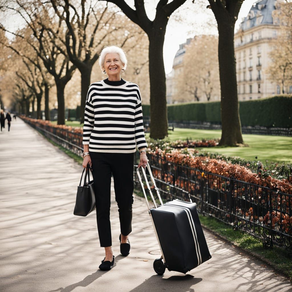 Elegant Parisian Woman Strolls Through Park in Chic Outfit