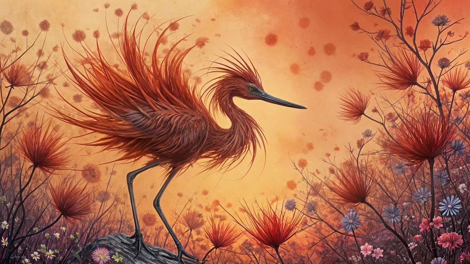 Reddish Egret in Earth and Charcoal Style