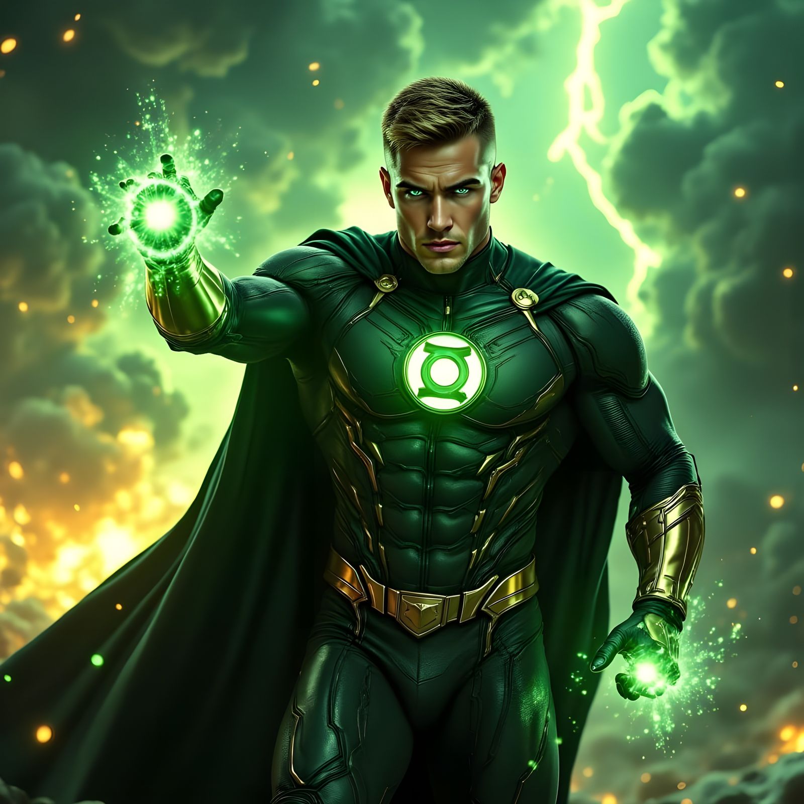 Confident Green Lantern Hero Stands Tall in Cosmic Explosion
