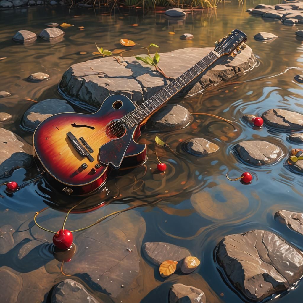 Guitar and Cherry on Riverbank as Oil Painting