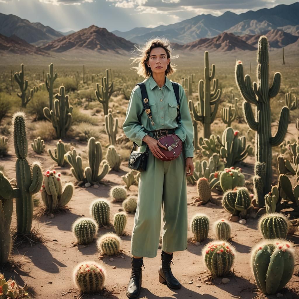 Lost Cactus Lady in Desert with Divine Light