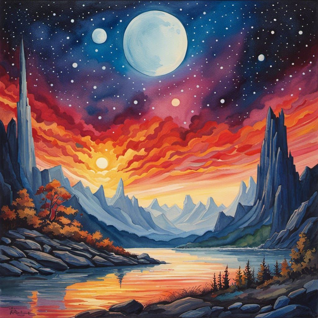 Watercolor Man Fishing on the Moon in Art Nouveau Style