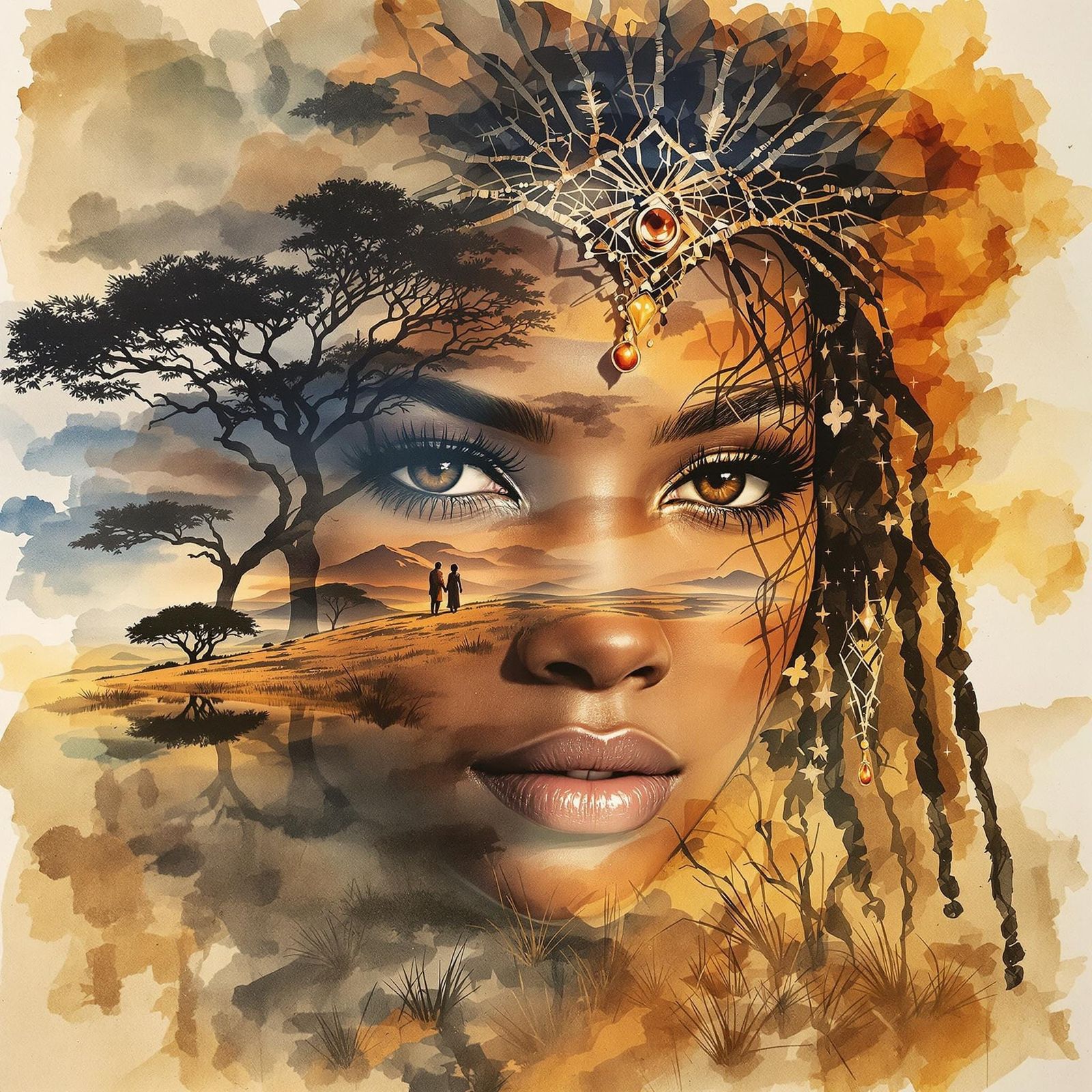 Queen of Sheba Double Exposure Watercolor Sketch