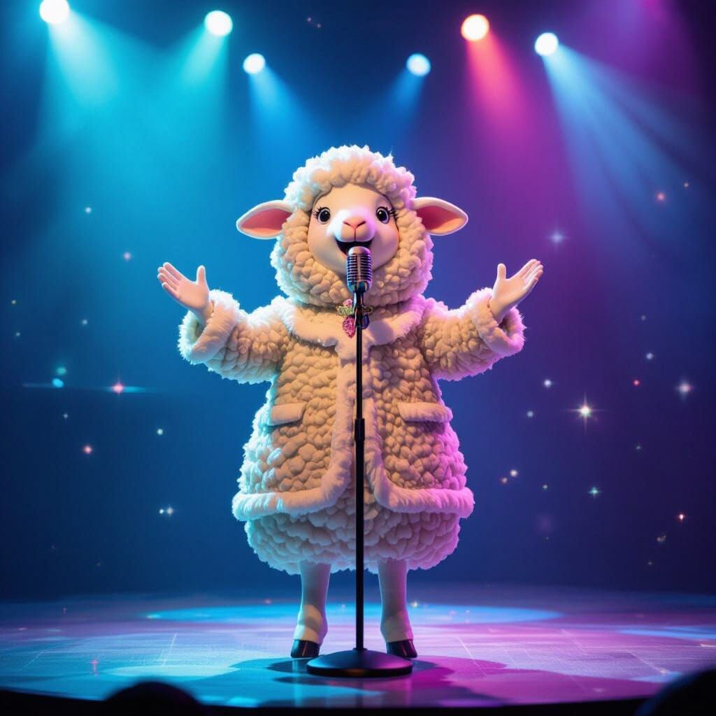 Sheep Sings on Talent Show Stage in Vibrant Style