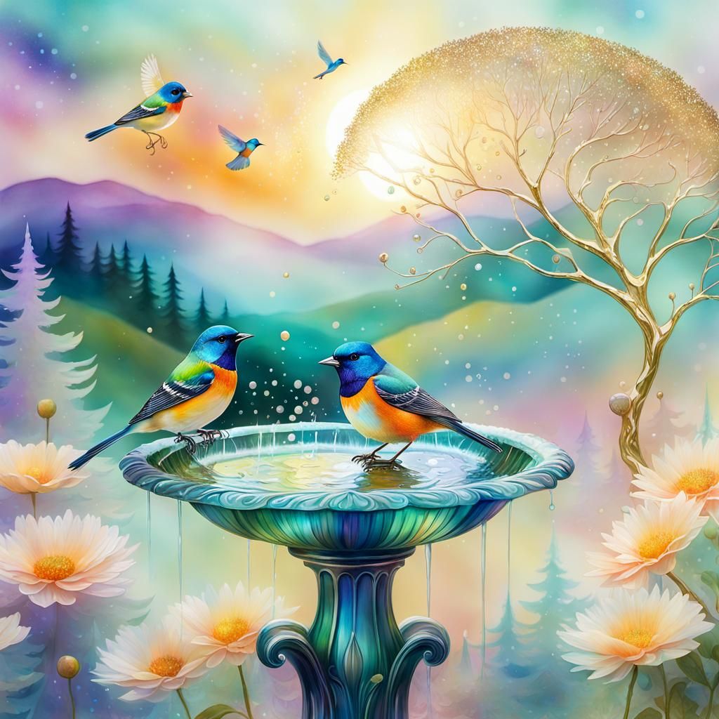 Songbirds in Glittering Birdbath: Surreal Alcohol Ink Garden