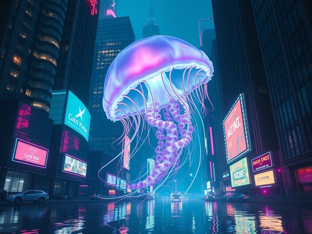 Bioluminescent Jellyfish in Neon Cityscape