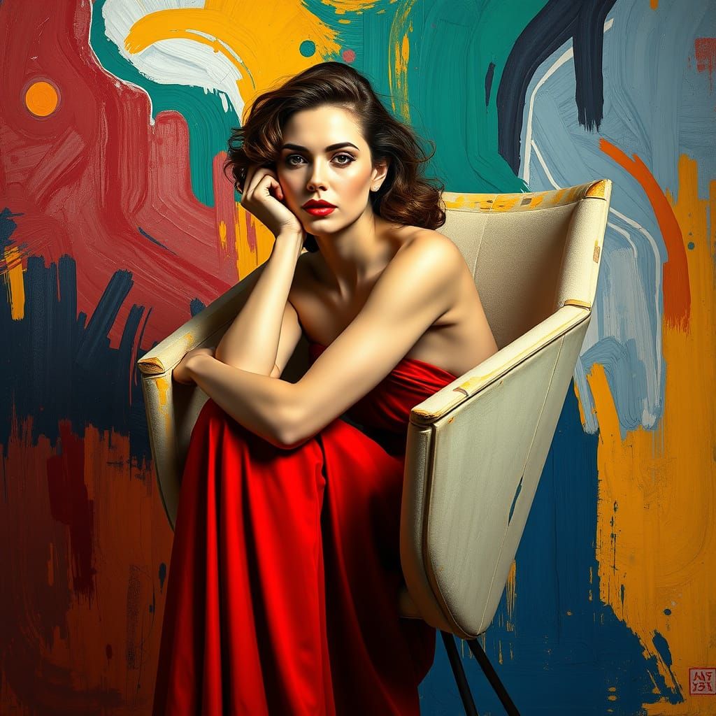 Elegant Woman in Geometric Chair Amidst Abstract Art